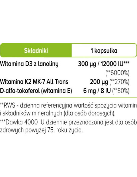 Witamina D3 + K2 forte 12000 IU 300ug - 60kaps - Biowen