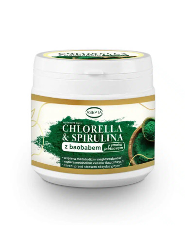 Chlorella i spirulina z baobabem o smaku jabłkowym - 150g - Asepta