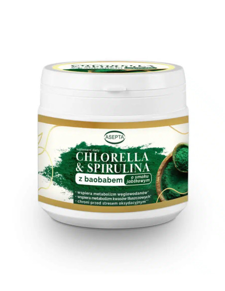 Chlorella i spirulina z baobabem o smaku jabłkowym - 150g - Asepta