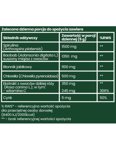 Chlorella i spirulina z baobabem o smaku jabłkowym - 150g - Asepta
