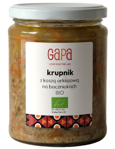 KRUPNIK Z KASZĄ ORKISZOWĄ NA BOCZNIAKACH BIO 450 g - GAPA