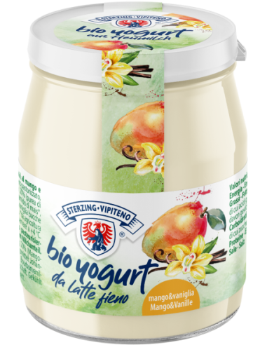 JOGURT MANGO - WANILIA Z MLEKA SIENNEGO BEZGLUTENOWY BIO 150 g (SŁOIK) - STERZING-VIPITENO