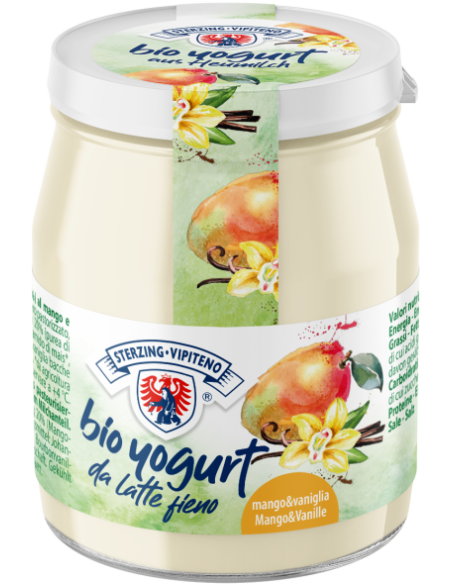 JOGURT MANGO - WANILIA Z MLEKA SIENNEGO BEZGLUTENOWY BIO 150 g (SŁOIK) - STERZING-VIPITENO