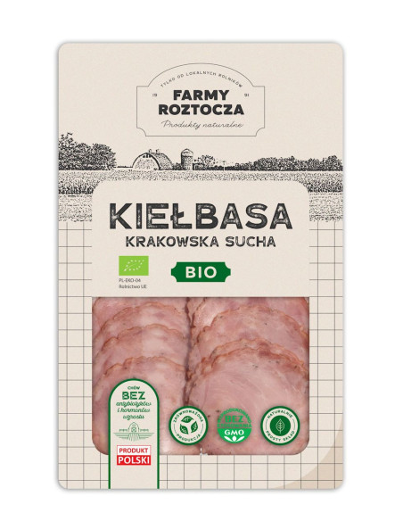 KIEŁBASA KRAKOWSKA SUCHA PLASTRY BIO 80 g - FARMY ROZTOCZA (Z PÓŁKI)