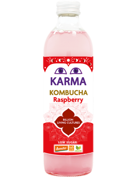 KOMBUCHA O SMAKU MALINOWYM NISKA ZAWARTOŚĆ CUKRÓW FAIR FOR LIFE DEMETER BIO 500 ml - KARMA KOMBUCHA