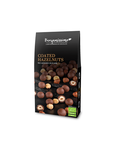 Orzechy laskowe w czekoladzie pralinowej bez dodatku cukrów bezglutenowe BIO - 60g - Benjamissimo