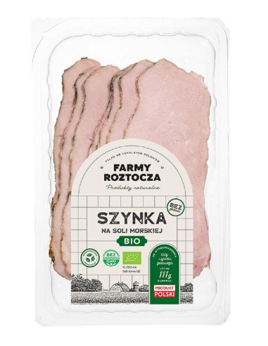 SZYNKA NA SOLI MORSKIEJ PLASTRY BIO 100 g -  FARMY ROZTOCZA (NA ZAMÓWIENIE)