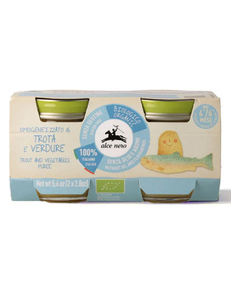 MIĘSO PSTRĄGA Z WARZYWAMI BEZGLUTENOWE OD 4 MIESIĄCA BIO (2 x 80 g) 160 g - ALCE NERO