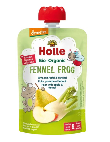 MUS KOPERKOWA ŻABA (GRUSZKA - JABŁKO - KOPER WŁOSKI) BEZ DODATKU CUKRÓW BEZGLUTENOWA OD 6 MIESIĄCA DEMETER BIO 100 g - HOLLE