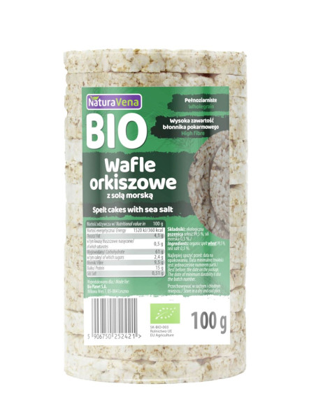 WAFLE ORKISZOWE PEŁNOZIARNISTE Z SOLĄ MORSKĄ BIO 100 g - NATURAVENA