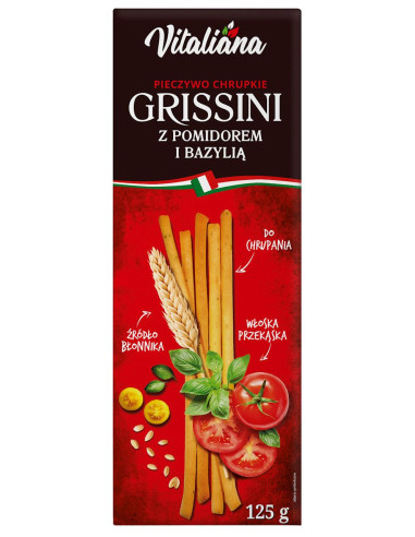 PALUSZKI GRISSINI Z POMIDORAMI I BAZYLIĄ 125 g - VITALIANA