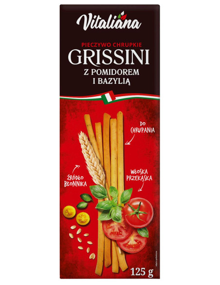 PALUSZKI GRISSINI Z POMIDORAMI I BAZYLIĄ 125 g - VITALIANA