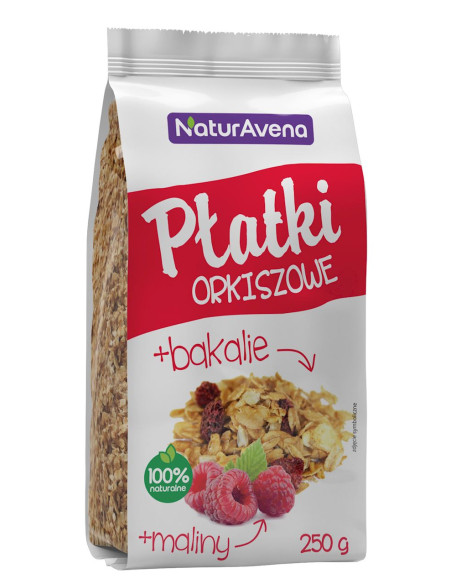 PŁATKI ORKISZOWE BŁYSKAWICZNE Z OWOCAMI TROPIKALNYMI, SŁONECZNIKIEM I MALINAMI 200 g - NATURAVENA