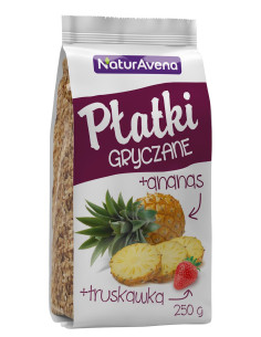 PŁATKI GRYCZANE BŁYSKAWICZNE Z ANANASEM I TRUSKAWKĄ 250 g - NATURAVENA