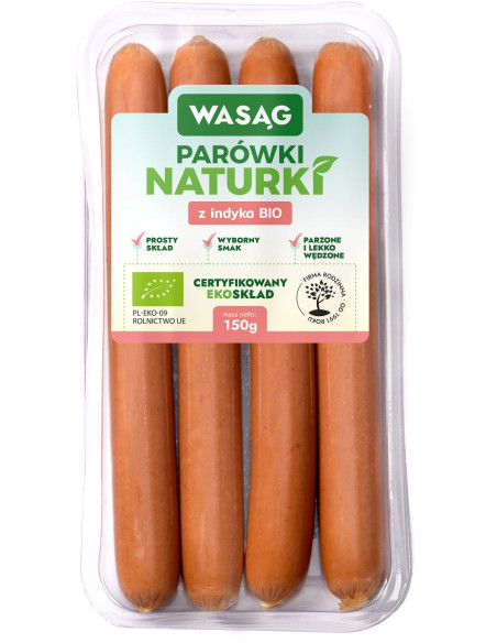 PARÓWKI Z INDYKA BIO 150 g - WASĄG (Z PÓŁKI)