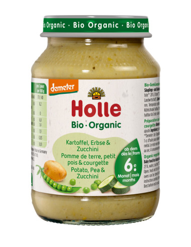ZIEMNIAK - GROSZEK - CUKINIA BEZ DODATKU CUKRÓW BEZGLUTENOWE OD 6 MIESIĄCA DEMETER BIO 190 g (SŁOIK) - HOLLE