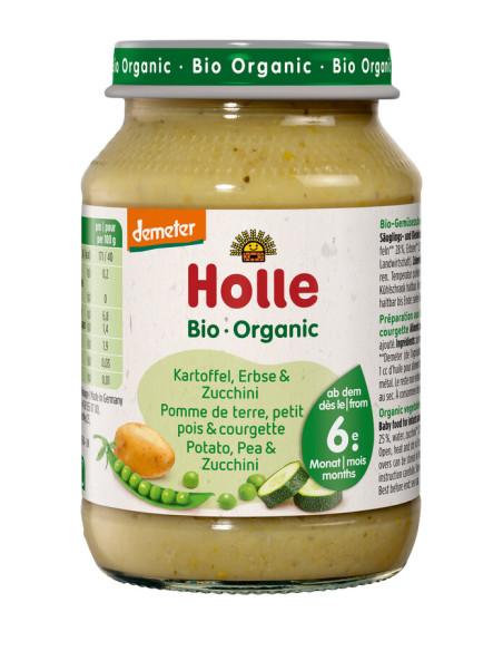 ZIEMNIAK - GROSZEK - CUKINIA BEZ DODATKU CUKRÓW BEZGLUTENOWE OD 6 MIESIĄCA DEMETER BIO 190 g (SŁOIK) - HOLLE