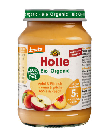 JABŁKO - BRZOSKWINIA BEZ DODATKU CUKRÓW BEZGLUTENOWE OD 5 MIESIĄCA DEMETER BIO 190 g (SŁOIK) - HOLLE