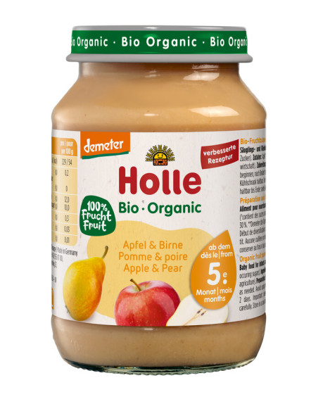 JABŁKO - GRUSZKA BEZ DODATKU CUKRÓW BEZGLUTENOWE OD 5 MIESIĄCA DEMETER BIO 190 g (SŁOIK) - HOLLE