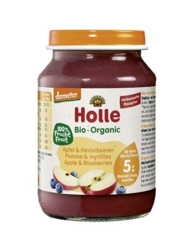 JABŁKO - BORÓWKA BEZ DODATKU CUKRÓW BEZGLUTENOWE OD 5 MIESIĄCA DEMETER BIO 190 g (SŁOIK) - HOLLE