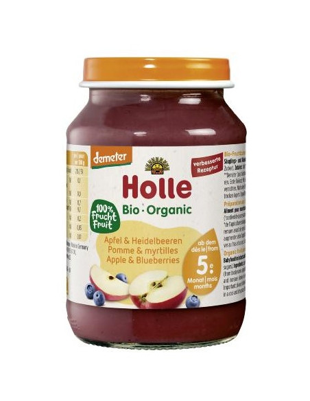 JABŁKO - BORÓWKA BEZ DODATKU CUKRÓW BEZGLUTENOWE OD 5 MIESIĄCA DEMETER BIO 190 g (SŁOIK) - HOLLE