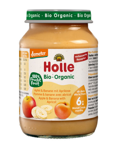 JABŁKO - BANAN - MORELA BEZ DODATKU CUKRÓW BEZGLUTENOWE OD 6 MIESIĄCA DEMETER BIO 190 g (SŁOIK) - HOLLE
