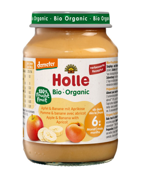 JABŁKO - BANAN - MORELA BEZ DODATKU CUKRÓW BEZGLUTENOWE OD 6 MIESIĄCA DEMETER BIO 190 g (SŁOIK) - HOLLE