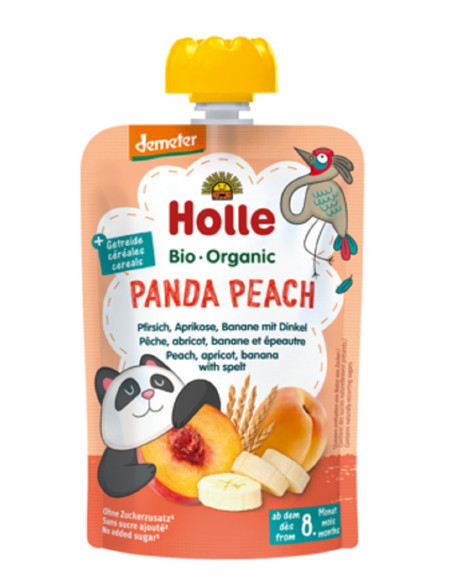 MUS BRZOSKWINIOWA PANDA (BRZOSKWINIA - BANAN - MORELA - ORKISZ) BEZ DODATKU CUKRÓW OD 8 MIESIĄCA DEMETER BIO 100 g - HOLLE