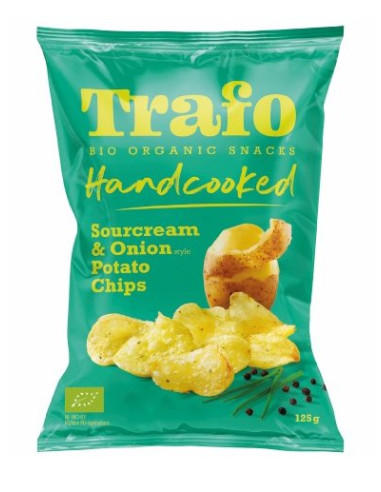 CHIPSY ZIEMNIACZANE CIENKO KROJONE O SMAKU ŚMIETANKOWO - CEBULOWYM WEGAŃSKIE BIO 125 g - TRAFO