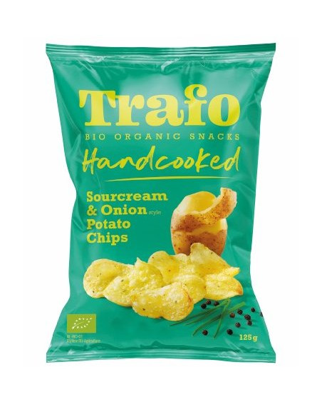 CHIPSY ZIEMNIACZANE CIENKO KROJONE O SMAKU ŚMIETANKOWO - CEBULOWYM WEGAŃSKIE BIO 125 g - TRAFO