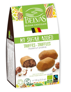 CZEKOLADKI BELGIJSKIE TRUFLE Z ORZECHAMI LASKOWYMI BEZ DODATKU CUKRÓW FAIR TRADE BEZGLUTENOWE BIO 100 g - BELVAS