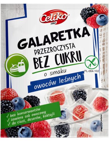 GALARETKA PRZEZROCZYSTA BEZ CUKRU O SMAKU OWOCÓW LEŚNYCH BEZGLUTENOWA 14 g - CELIKO