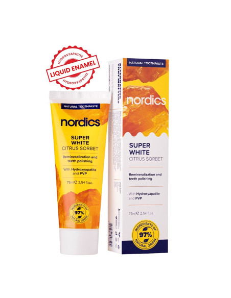 PASTA DO ZĘBÓW REMINERALIZUJĄCA SUPER WHITE Z PŁYNNYM SZKLIWEM BEZ FLUORU 75 ml - NORDICS