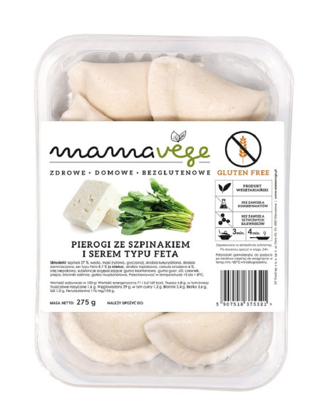 PIEROGI ZE SZPINAKIEM I SEREM TYPU FETA BEZGLUTENOWE 275 g - MAMA VEGE