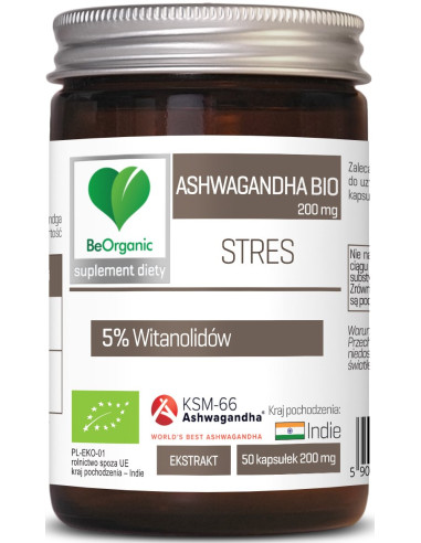 ASHWAGANDHA EKSTRAKT BIO (200 mg) 50 KAPSUŁEK - BE ORGANIC