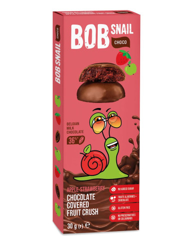 PRZEKĄSKA CHOCO JABŁKO - TRUSKAWKA W CZEKOLADZIE MLECZNEJ BELGIJSKIEJ BEZ DODATKU CUKRÓW BEZGLUTENOWA 30 g - BOB SNAIL
