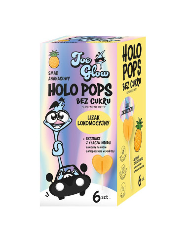 LIZAK SERCE HOLO POPS O SMAKU ANANASOWYM Z IMBIREM NA OBJAWY LOKOMOCYJNE BEZ CUKRU BEZGLUTENOWY (6 szt.) 36 g - JOE GLOW