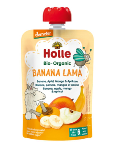 MUS BANANOWA LAMA (BANAN - JABŁKO - MANGO - MORELA) BEZ DODATKU CUKRÓW BEZGLUTENOWA OD 6 MIESIĄCA DEMETER BIO 100 g - HOLLE