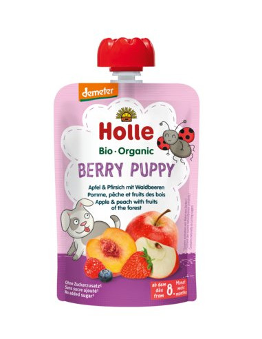 MUS JAGODOWY PIESEK (JABŁKO - BRZOSKWINIA - OWOCE LEŚNE) BEZ DODATKU CUKRÓW OD 8 MIESIĄCA DEMETER BIO 100 g - HOLLE