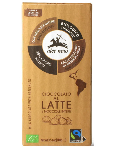 CZEKOLADA MLECZNA Z CAŁYMI ORZECHAMI LASKOWYMI FAIR TRADE BIO 100 g - ALCE NERO