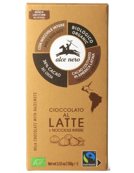 CZEKOLADA MLECZNA Z CAŁYMI ORZECHAMI LASKOWYMI FAIR TRADE BIO 100 g - ALCE NERO