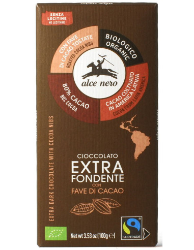 CZEKOLADA GORZKA Z ZIARNAMI KAKAOWCA FAIR TRADE BEZGLUTENOWA BIO 100 g - ALCE NERO