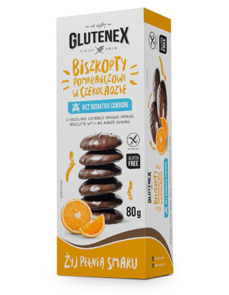 BISZKOPTY POMARAŃCZOWE W CZEKOLADZIE BEZ DODATKU CUKRÓW BEZGLUTENOWE 80 g - GLUTENEX