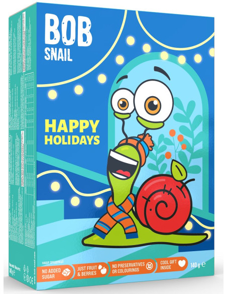 ZESTAW ŚWIĄTECZNY - PRZEKĄSKI OWOCOWE Z ZABAWKĄ I NAKLEJKĄ BEZ DODATKU CUKRÓW BEZGLUTENOWE 140 g - BOB SNAIL (PRODUKT SEZONOWY)