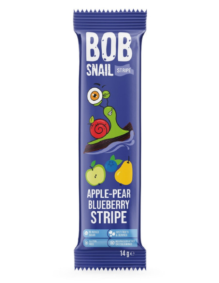 PRZEKĄSKA STRIPE JABŁKO - GRUSZKA - BORÓWKA BEZ DODATKU CUKRÓW BEZGLUTENOWA 14 g - BOB SNAIL