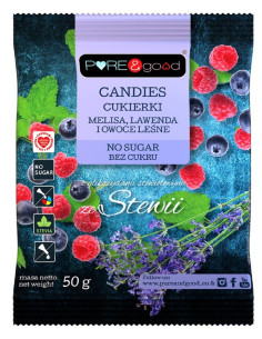 CUKIERKI Z MELISĄ, LAWENDĄ I OWOCAMI LEŚNYMI ZE STEWIĄ BEZ CUKRU 50 g - PURE&GOOD