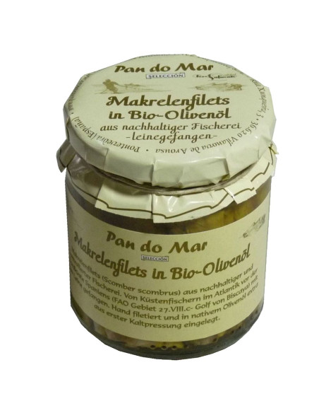 MAKRELA FILETY W BIO OLIWIE Z OLIWEK EXTRA VIRGIN 220 g (154 g) (SŁOIK) - PAN DO MAR