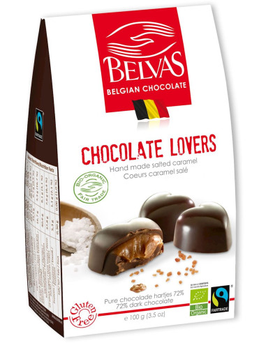 CZEKOLADKI BELGIJSKIE SERCA Z KARMELEM I SOLĄ MORSKĄ FAIR TRADE BEZGLUTENOWE BIO 100 g - BELVAS