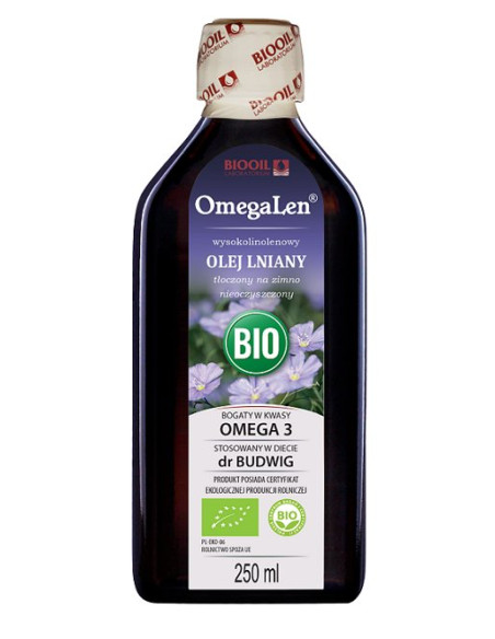 OLEJ LNIANY TŁOCZONY NA ZIMNO WYSOKOLINOLENOWY BIO 250 ml - OMEGALEN (BIOOIL)