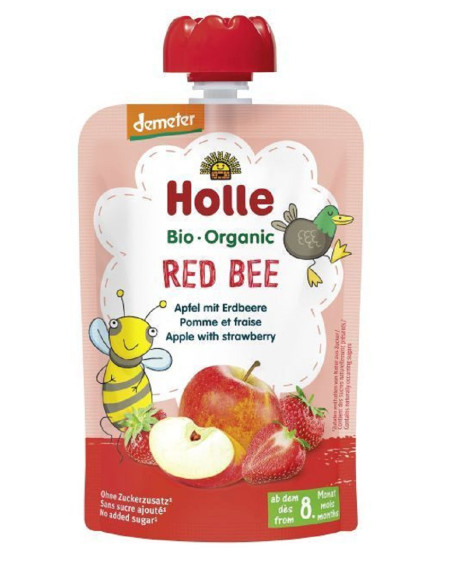 MUS CZERWONA PSZCZOŁA (JABŁKO - TRUSKAWKA) BEZ DODATKU CUKRÓW OD 8 MIESIĄCA DEMETER BIO 100 g - HOLLE